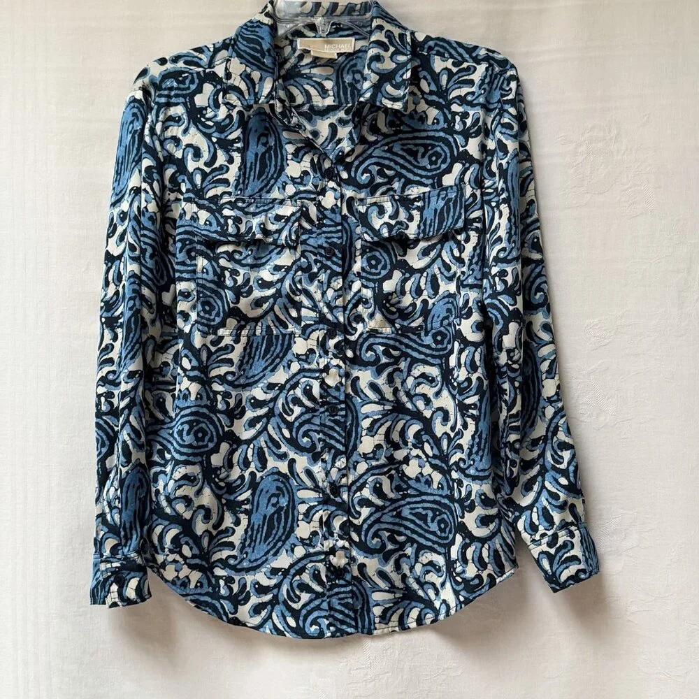 Michael Michael Kors Women's Black Blue Swirl Pattern Button Up Shirt Size P